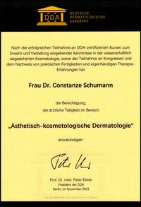 Dr. Schumann Zertifikat DDA Ästhetisch kosmetologische Dermatologie